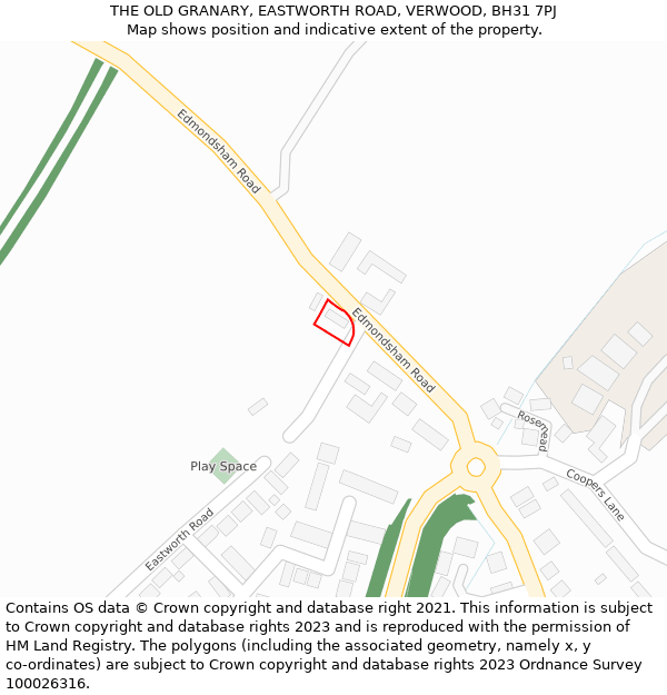 THE OLD GRANARY, EASTWORTH ROAD, VERWOOD, BH31 7PJ: Location map and indicative extent of plot