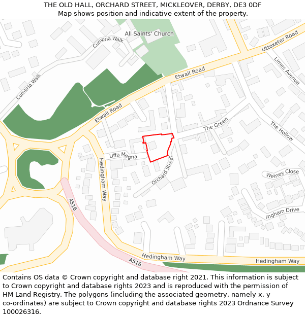 THE OLD HALL, ORCHARD STREET, MICKLEOVER, DERBY, DE3 0DF: Location map and indicative extent of plot