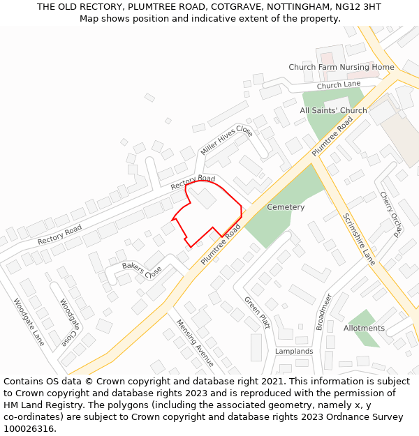 THE OLD RECTORY, PLUMTREE ROAD, COTGRAVE, NOTTINGHAM, NG12 3HT: Location map and indicative extent of plot