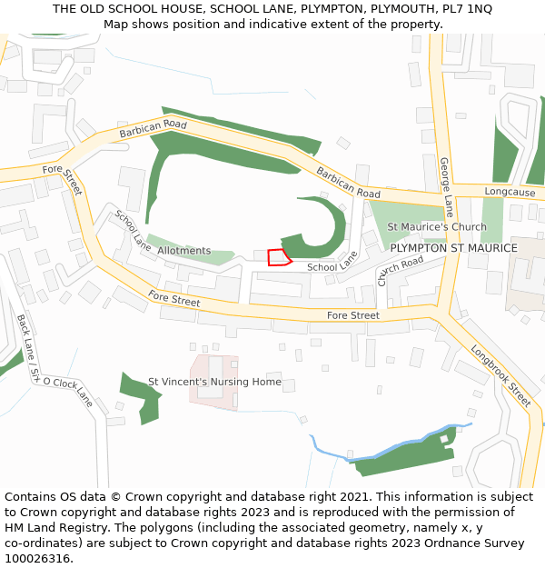 THE OLD SCHOOL HOUSE, SCHOOL LANE, PLYMPTON, PLYMOUTH, PL7 1NQ: Location map and indicative extent of plot