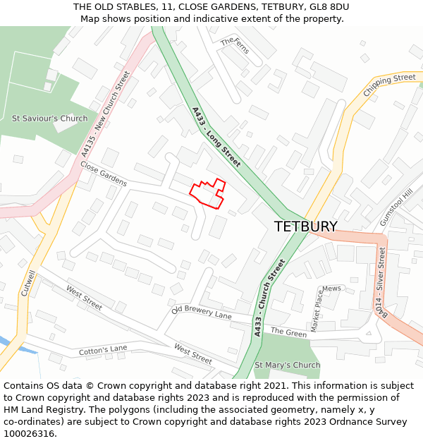 THE OLD STABLES, 11, CLOSE GARDENS, TETBURY, GL8 8DU: Location map and indicative extent of plot