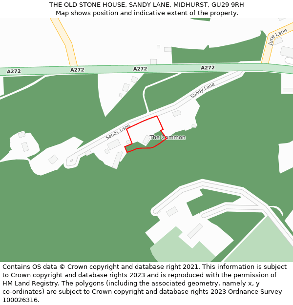 THE OLD STONE HOUSE, SANDY LANE, MIDHURST, GU29 9RH: Location map and indicative extent of plot