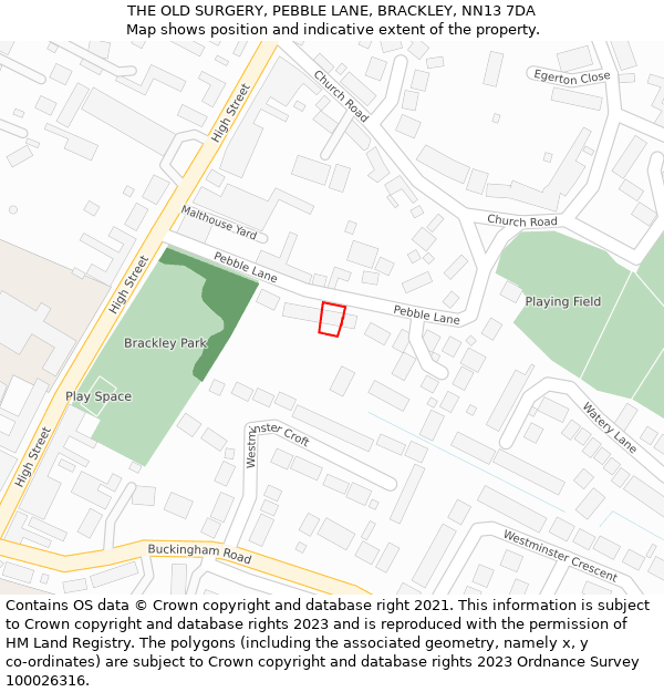 THE OLD SURGERY, PEBBLE LANE, BRACKLEY, NN13 7DA: Location map and indicative extent of plot
