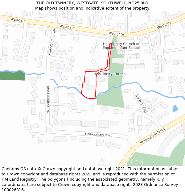 THE OLD TANNERY, WESTGATE, SOUTHWELL, NG25 0LD: Location map and indicative extent of plot
