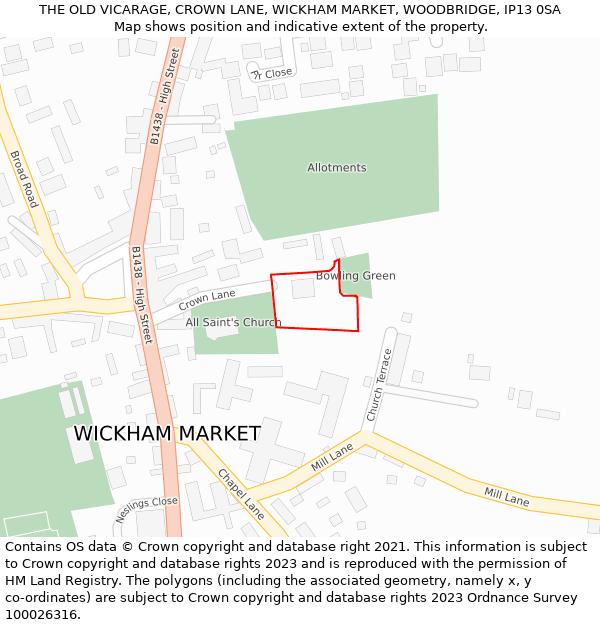 THE OLD VICARAGE, CROWN LANE, WICKHAM MARKET, WOODBRIDGE, IP13 0SA: Location map and indicative extent of plot