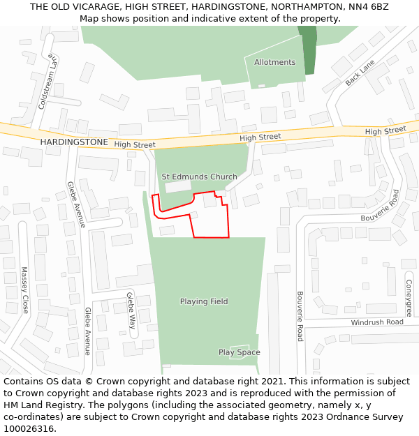 THE OLD VICARAGE, HIGH STREET, HARDINGSTONE, NORTHAMPTON, NN4 6BZ: Location map and indicative extent of plot