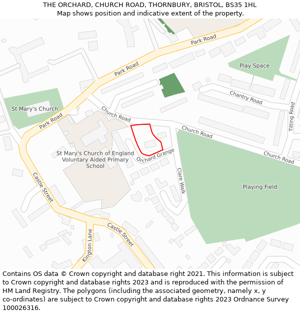 THE ORCHARD, CHURCH ROAD, THORNBURY, BRISTOL, BS35 1HL: Location map and indicative extent of plot