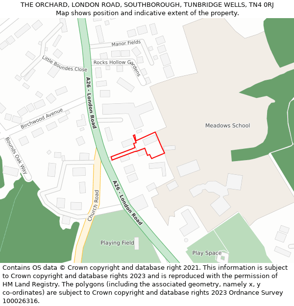 THE ORCHARD, LONDON ROAD, SOUTHBOROUGH, TUNBRIDGE WELLS, TN4 0RJ: Location map and indicative extent of plot