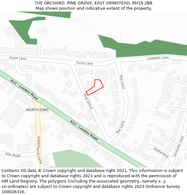 THE ORCHARD, PINE GROVE, EAST GRINSTEAD, RH19 2BB: Location map and indicative extent of plot