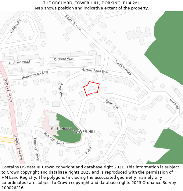THE ORCHARD, TOWER HILL, DORKING, RH4 2AL: Location map and indicative extent of plot