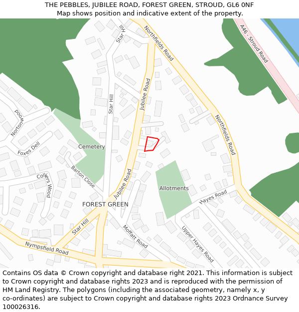 THE PEBBLES, JUBILEE ROAD, FOREST GREEN, STROUD, GL6 0NF: Location map and indicative extent of plot