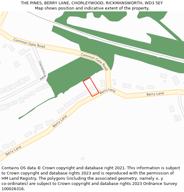 THE PINES, BERRY LANE, CHORLEYWOOD, RICKMANSWORTH, WD3 5EY: Location map and indicative extent of plot