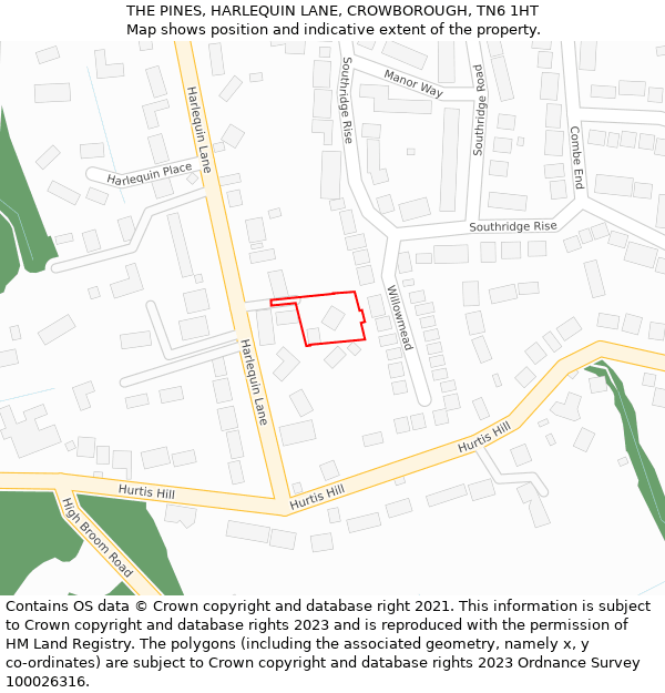 THE PINES, HARLEQUIN LANE, CROWBOROUGH, TN6 1HT: Location map and indicative extent of plot