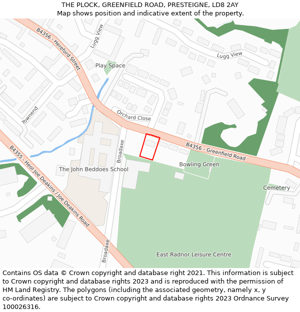 THE PLOCK, GREENFIELD ROAD, PRESTEIGNE, LD8 2AY: Location map and indicative extent of plot