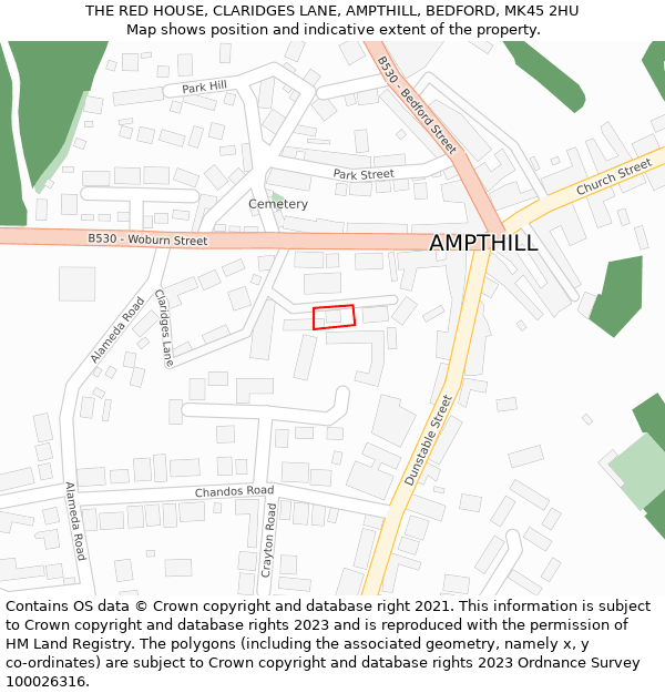 THE RED HOUSE, CLARIDGES LANE, AMPTHILL, BEDFORD, MK45 2HU: Location map and indicative extent of plot