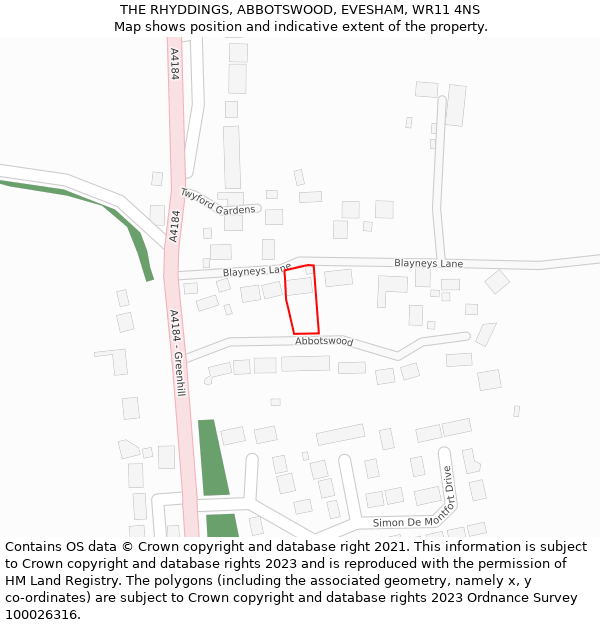 THE RHYDDINGS, ABBOTSWOOD, EVESHAM, WR11 4NS: Location map and indicative extent of plot
