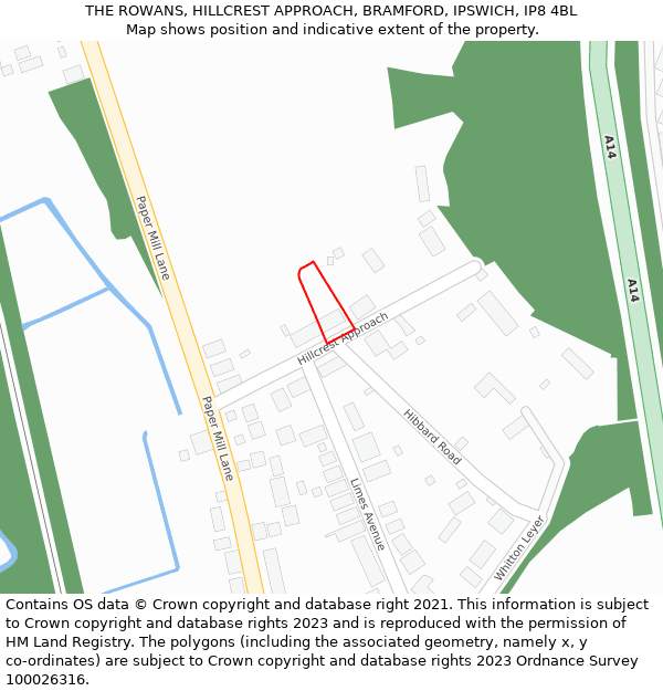 THE ROWANS, HILLCREST APPROACH, BRAMFORD, IPSWICH, IP8 4BL: Location map and indicative extent of plot