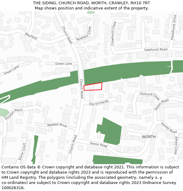 THE SIDING, CHURCH ROAD, WORTH, CRAWLEY, RH10 7RT: Location map and indicative extent of plot