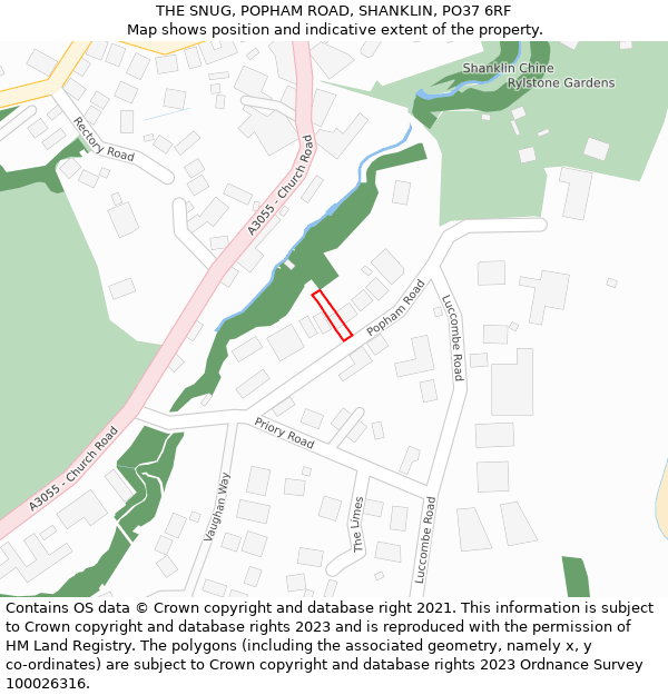 THE SNUG, POPHAM ROAD, SHANKLIN, PO37 6RF: Location map and indicative extent of plot