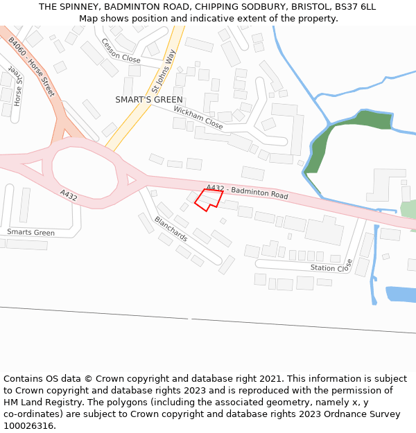 THE SPINNEY, BADMINTON ROAD, CHIPPING SODBURY, BRISTOL, BS37 6LL: Location map and indicative extent of plot