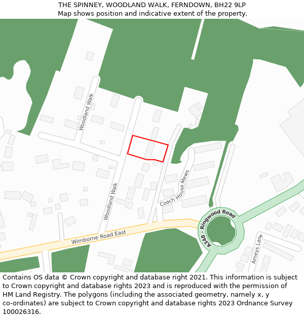 THE SPINNEY, WOODLAND WALK, FERNDOWN, BH22 9LP: Location map and indicative extent of plot