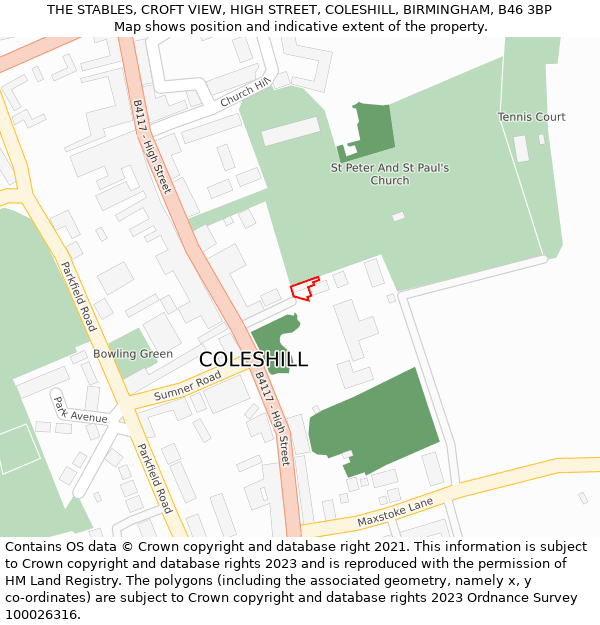 THE STABLES, CROFT VIEW, HIGH STREET, COLESHILL, BIRMINGHAM, B46 3BP: Location map and indicative extent of plot
