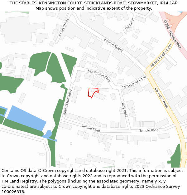 THE STABLES, KENSINGTON COURT, STRICKLANDS ROAD, STOWMARKET, IP14 1AP: Location map and indicative extent of plot