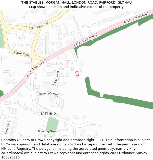 THE STABLES, MORGAN HALL, LONDON ROAD, FAIRFORD, GL7 4AU: Location map and indicative extent of plot