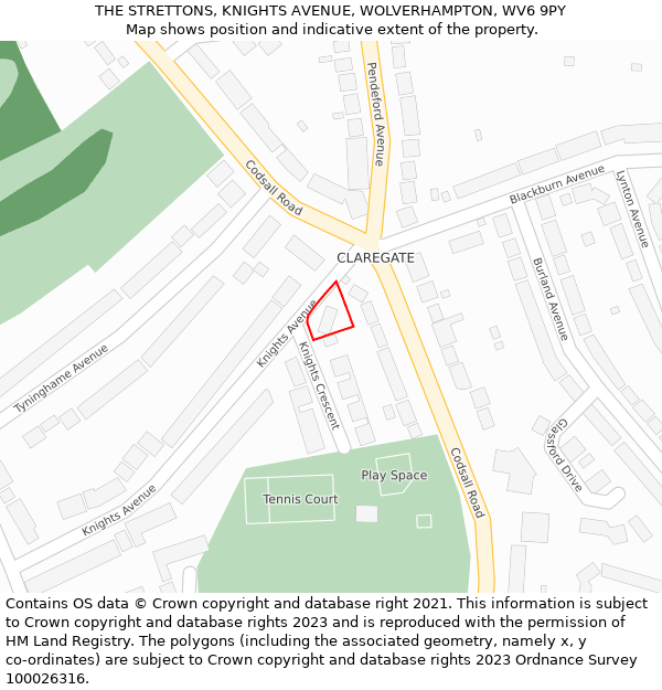 THE STRETTONS, KNIGHTS AVENUE, WOLVERHAMPTON, WV6 9PY: Location map and indicative extent of plot