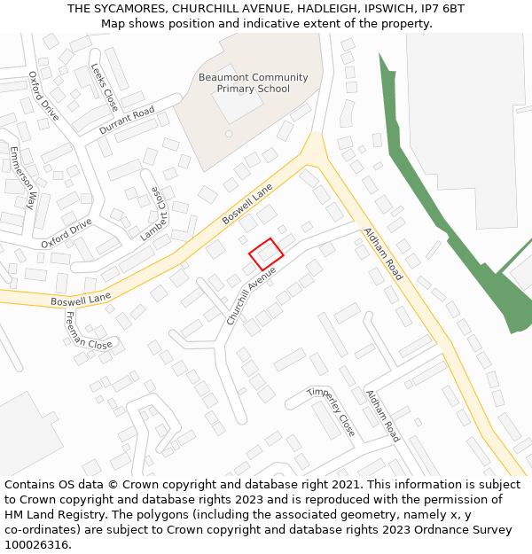 THE SYCAMORES, CHURCHILL AVENUE, HADLEIGH, IPSWICH, IP7 6BT: Location map and indicative extent of plot