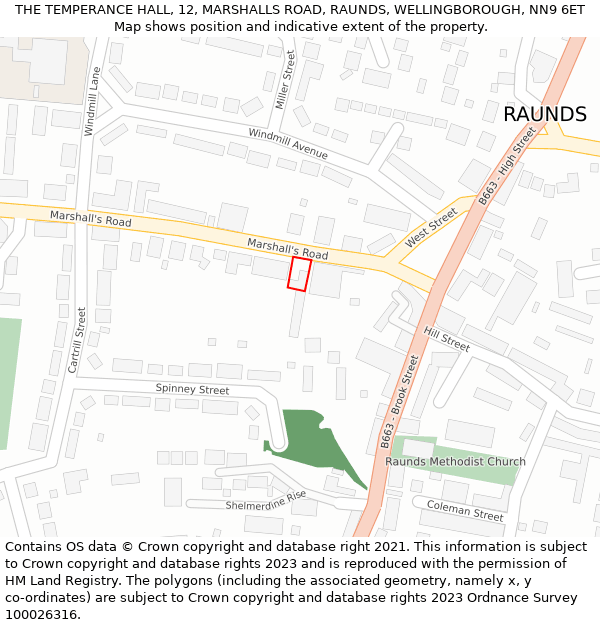 THE TEMPERANCE HALL, 12, MARSHALLS ROAD, RAUNDS, WELLINGBOROUGH, NN9 6ET: Location map and indicative extent of plot