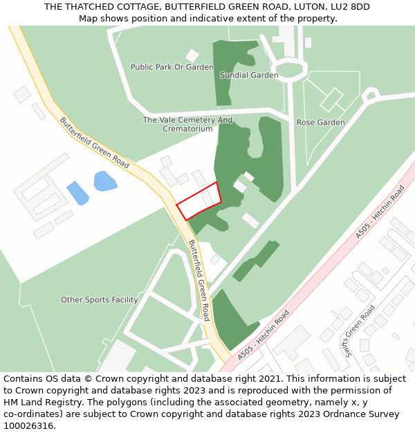 THE THATCHED COTTAGE, BUTTERFIELD GREEN ROAD, LUTON, LU2 8DD: Location map and indicative extent of plot