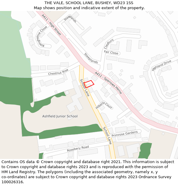 THE VALE, SCHOOL LANE, BUSHEY, WD23 1SS: Location map and indicative extent of plot