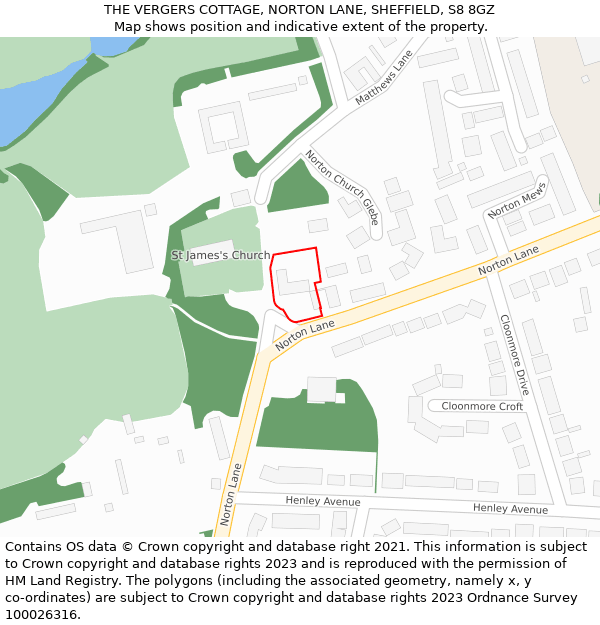 THE VERGERS COTTAGE, NORTON LANE, SHEFFIELD, S8 8GZ: Location map and indicative extent of plot