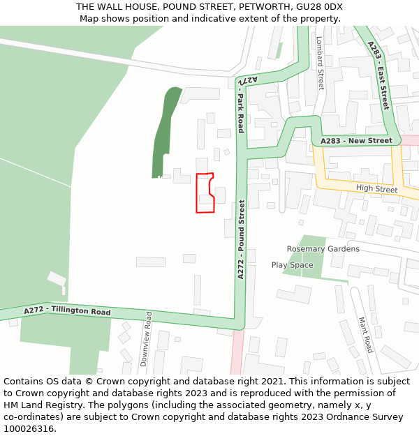 THE WALL HOUSE, POUND STREET, PETWORTH, GU28 0DX: Location map and indicative extent of plot
