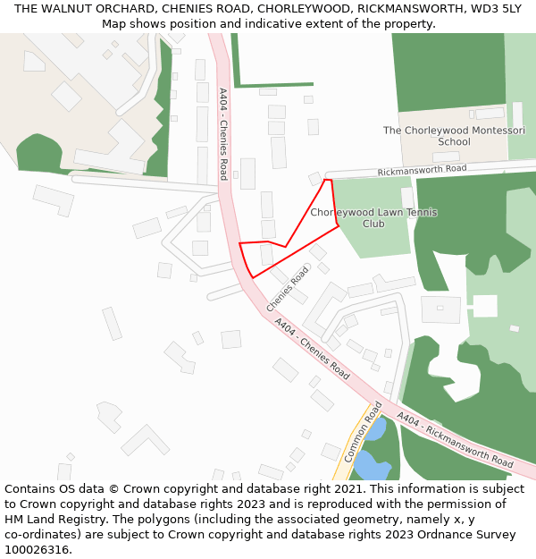 THE WALNUT ORCHARD, CHENIES ROAD, CHORLEYWOOD, RICKMANSWORTH, WD3 5LY: Location map and indicative extent of plot