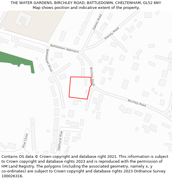 THE WATER GARDENS, BIRCHLEY ROAD, BATTLEDOWN, CHELTENHAM, GL52 6NY: Location map and indicative extent of plot