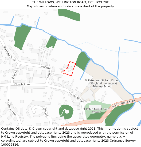 THE WILLOWS, WELLINGTON ROAD, EYE, IP23 7BE: Location map and indicative extent of plot