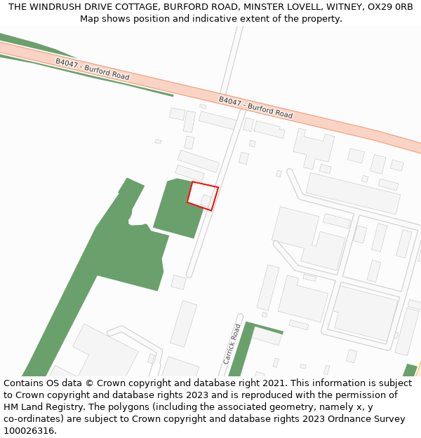 THE WINDRUSH DRIVE COTTAGE, BURFORD ROAD, MINSTER LOVELL, WITNEY, OX29 0RB: Location map and indicative extent of plot