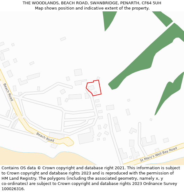 THE WOODLANDS, BEACH ROAD, SWANBRIDGE, PENARTH, CF64 5UH: Location map and indicative extent of plot