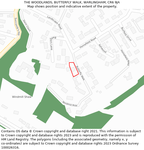 THE WOODLANDS, BUTTERFLY WALK, WARLINGHAM, CR6 9JA: Location map and indicative extent of plot