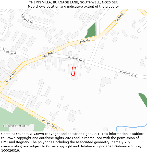 THEMIS VILLA, BURGAGE LANE, SOUTHWELL, NG25 0ER: Location map and indicative extent of plot