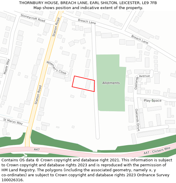 THORNBURY HOUSE, BREACH LANE, EARL SHILTON, LEICESTER, LE9 7FB: Location map and indicative extent of plot