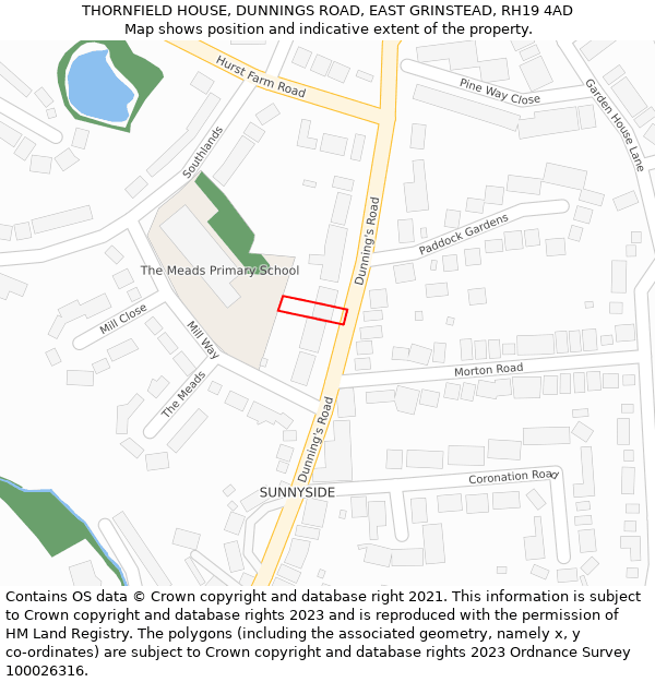 THORNFIELD HOUSE, DUNNINGS ROAD, EAST GRINSTEAD, RH19 4AD: Location map and indicative extent of plot