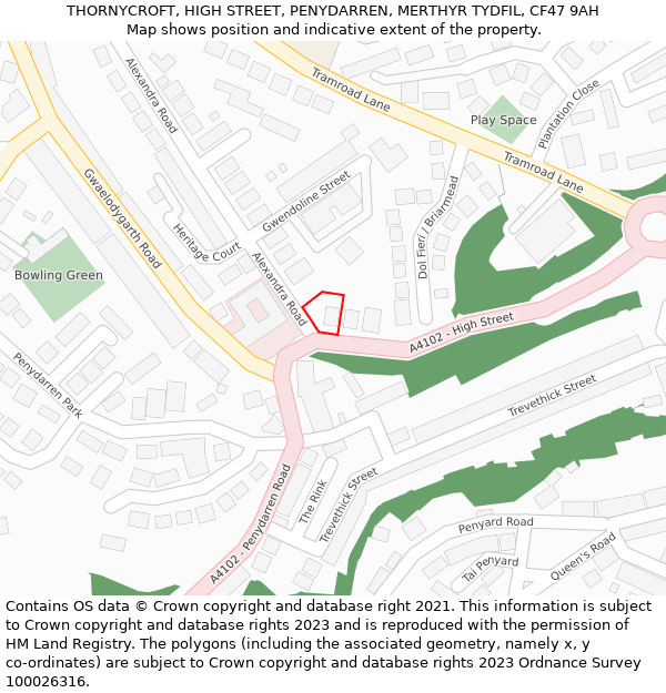 THORNYCROFT, HIGH STREET, PENYDARREN, MERTHYR TYDFIL, CF47 9AH: Location map and indicative extent of plot