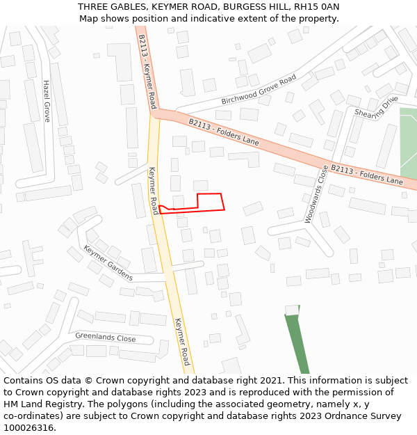 THREE GABLES, KEYMER ROAD, BURGESS HILL, RH15 0AN: Location map and indicative extent of plot