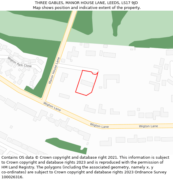 THREE GABLES, MANOR HOUSE LANE, LEEDS, LS17 9JD: Location map and indicative extent of plot