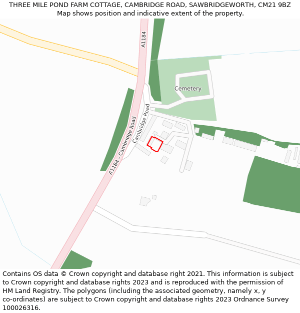 THREE MILE POND FARM COTTAGE, CAMBRIDGE ROAD, SAWBRIDGEWORTH, CM21 9BZ: Location map and indicative extent of plot