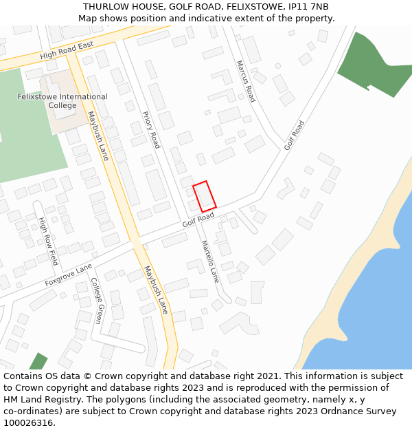 THURLOW HOUSE, GOLF ROAD, FELIXSTOWE, IP11 7NB: Location map and indicative extent of plot
