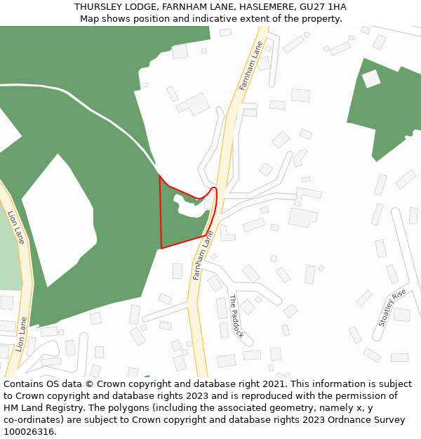 THURSLEY LODGE, FARNHAM LANE, HASLEMERE, GU27 1HA: Location map and indicative extent of plot